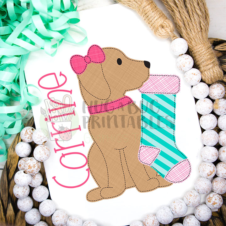 Pup Bow Stocking Faux Applique Digital File JPG PNG