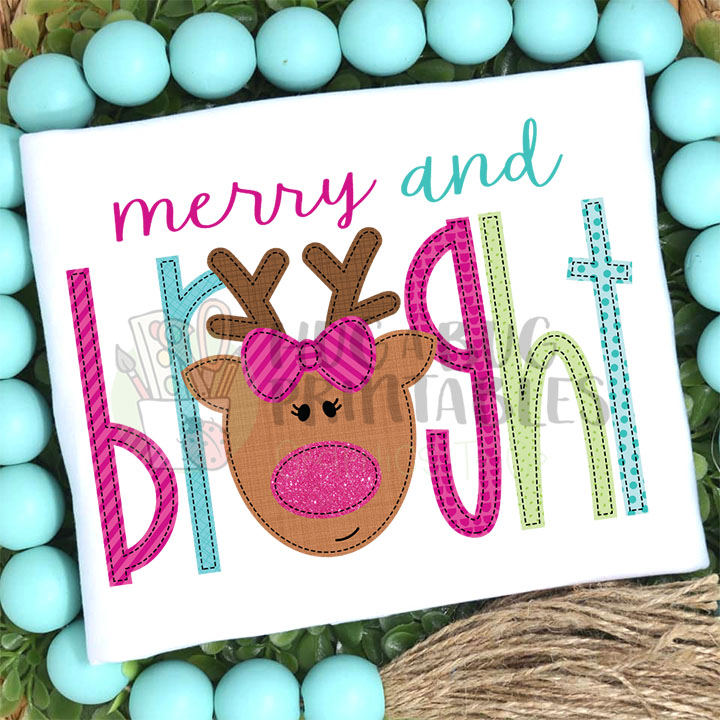 Reindeer Bow Merry Bright Faux Applique Digital File JPG PNG