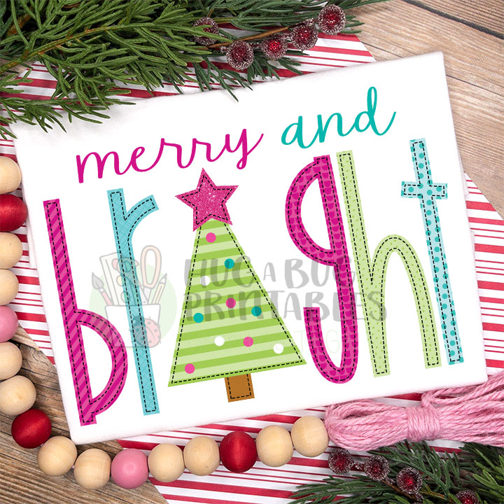 Tree Merry Bright Faux Applique Digital File JPG PNG