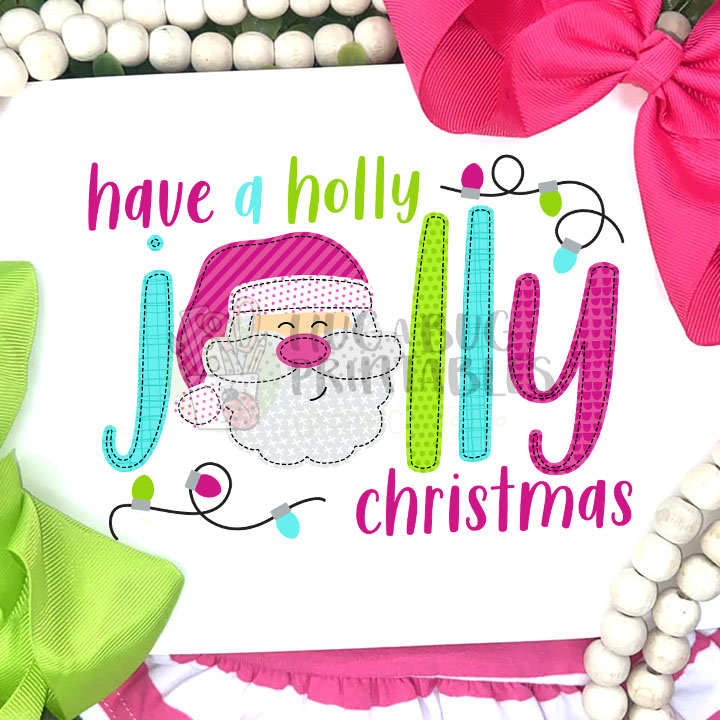 Holly Jolly Christmas Santa Pink Faux Applique Digital File JPG PNG